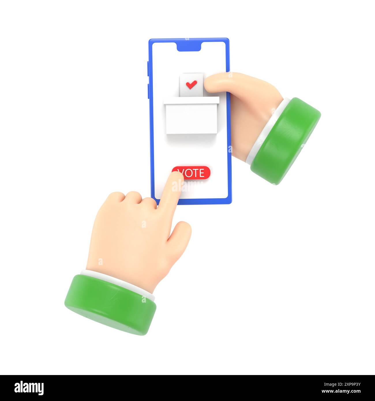 Concetto di votazione online. stile di progettazione piatta per illustrazioni 3d. Un uomo tiene uno smartphone in mano. Fate la vostra scelta. Bollettino,inserisce nella casella di voto. Electio Foto Stock