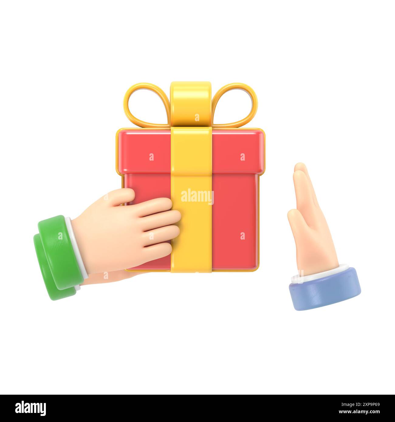 Rifiuto del dono. Nessun concetto di corruzione. Rifiuto della proposta. Uomo che tiene in mano una confezione regalo con nastro. Il gesto respinge la proposta. Rendering 3D su wh Foto Stock