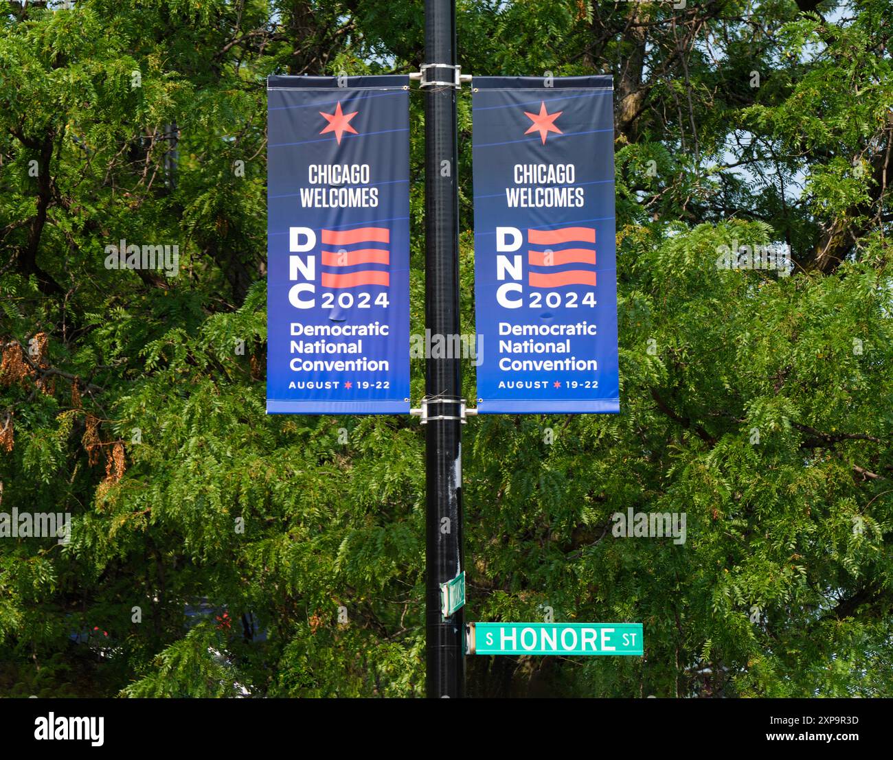 Gli Uniter Center DNC Banner a Chicago, Illinois. Sede della Convention delle nazioni democratiche. Foto Stock