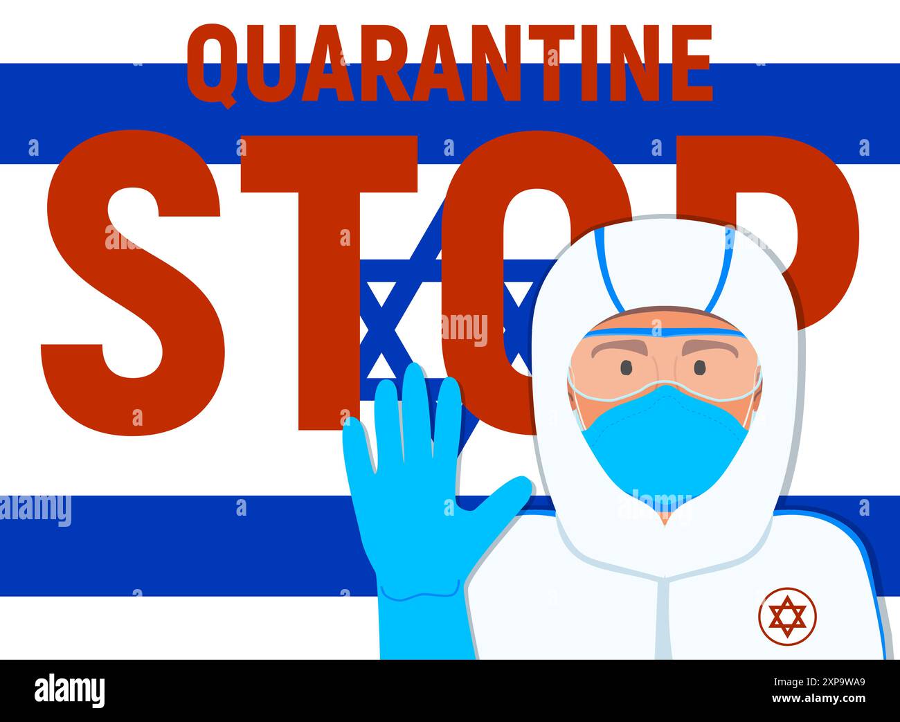 Introduzione della quarantena in Israele a causa del coronavirus. Dipendente del servizio epidemiologico sullo sfondo della bandiera . Regime rigoroso Illustrazione Vettoriale