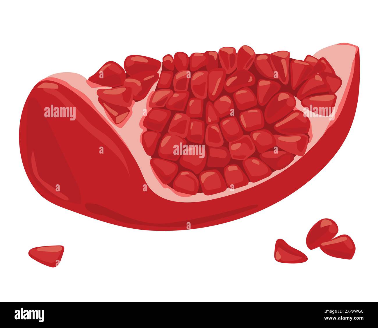 Frutta matura di melograno, fetta con frutti di bosco lucidi. Sfondo bianco isolato. Melograno rosso in stile piatto. Granata a fette. Frutta del sud. Illustrazione Vettoriale