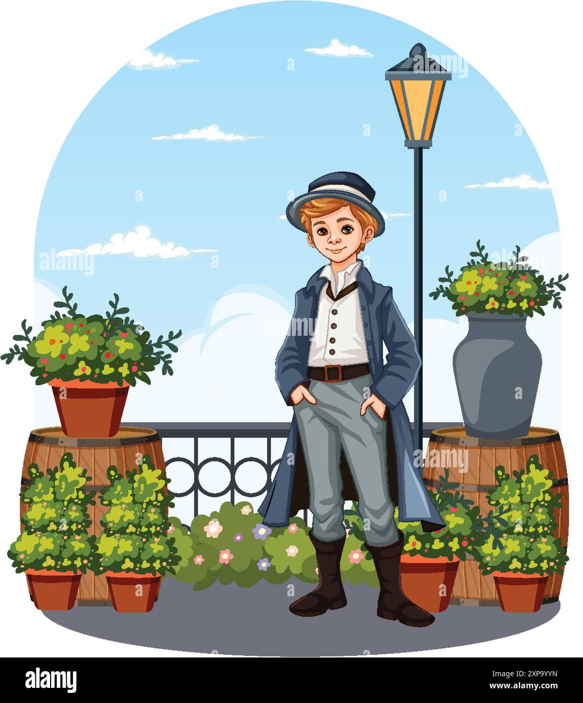 Un ragazzo in piedi in un giardino Illustrazione Vettoriale