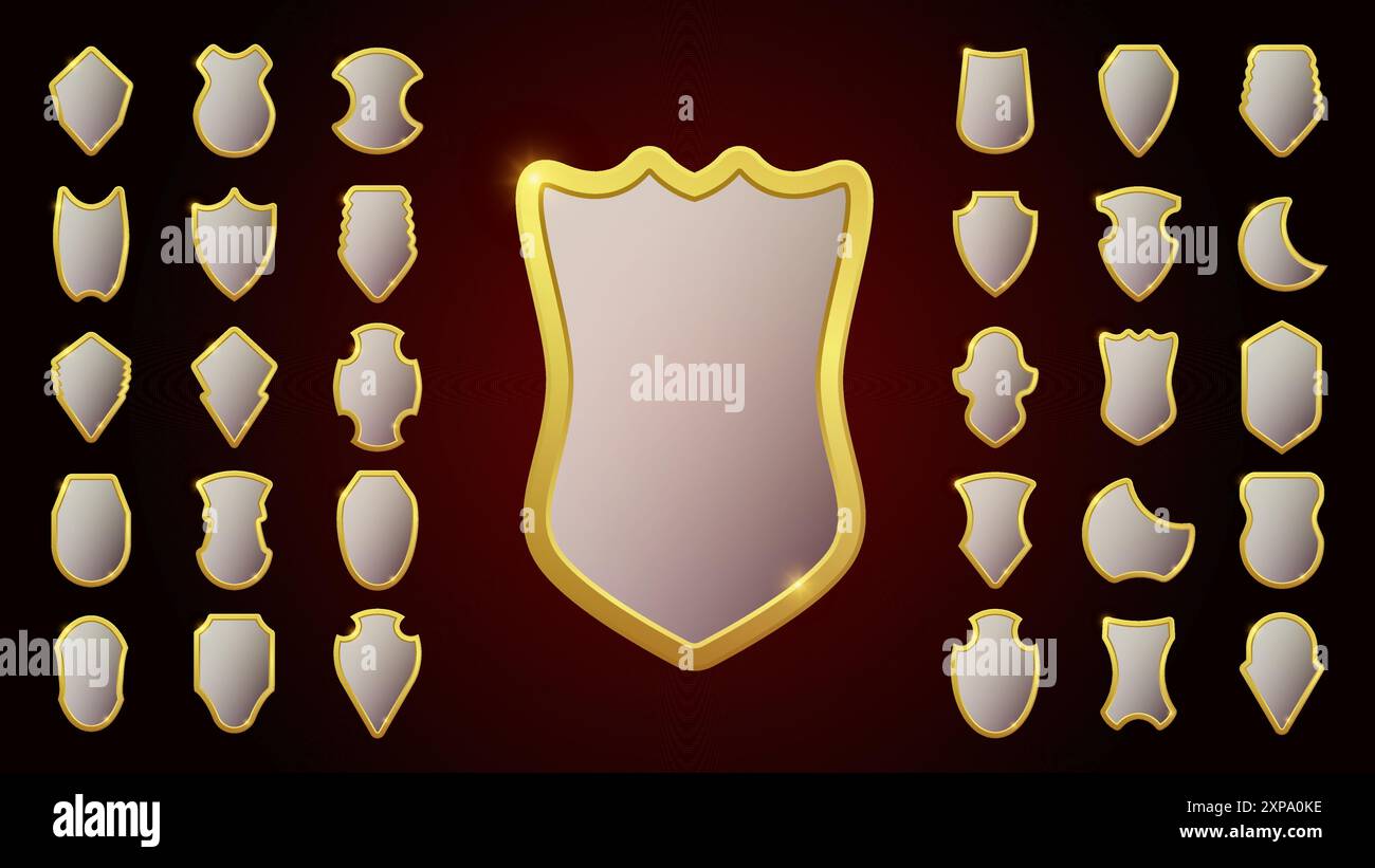 Set di schermi araldici dorati lucidi e realistici in vetro. Illustrazione vettoriale. Illustrazione Vettoriale