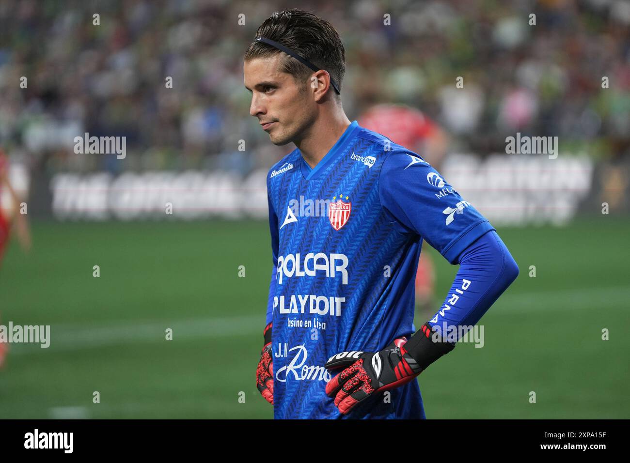 Seattle, Stati Uniti. 4 agosto 2024. Il portiere del Club Necaxa Ezequiel Unsain (22) guarda in una partita di Coppa di Lega contro i Seattle Sounders FC al Lumen Field di Seattle, Washington, il 4 agosto 2024. (Credito fotografico Nate Koppelman/Sipa USA) credito: SIPA USA/Alamy Live News Foto Stock