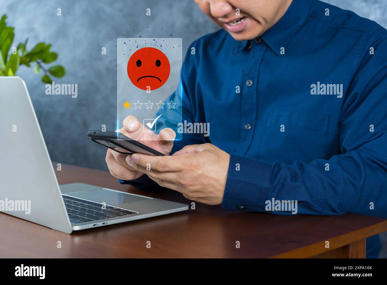 Recensione valutazione 1 stella, esperienza negativa dei clienti in servizio, icona di recensione negativa insoddisfatta. concetto di bassa qualità e infelice, feedback e opi Foto Stock