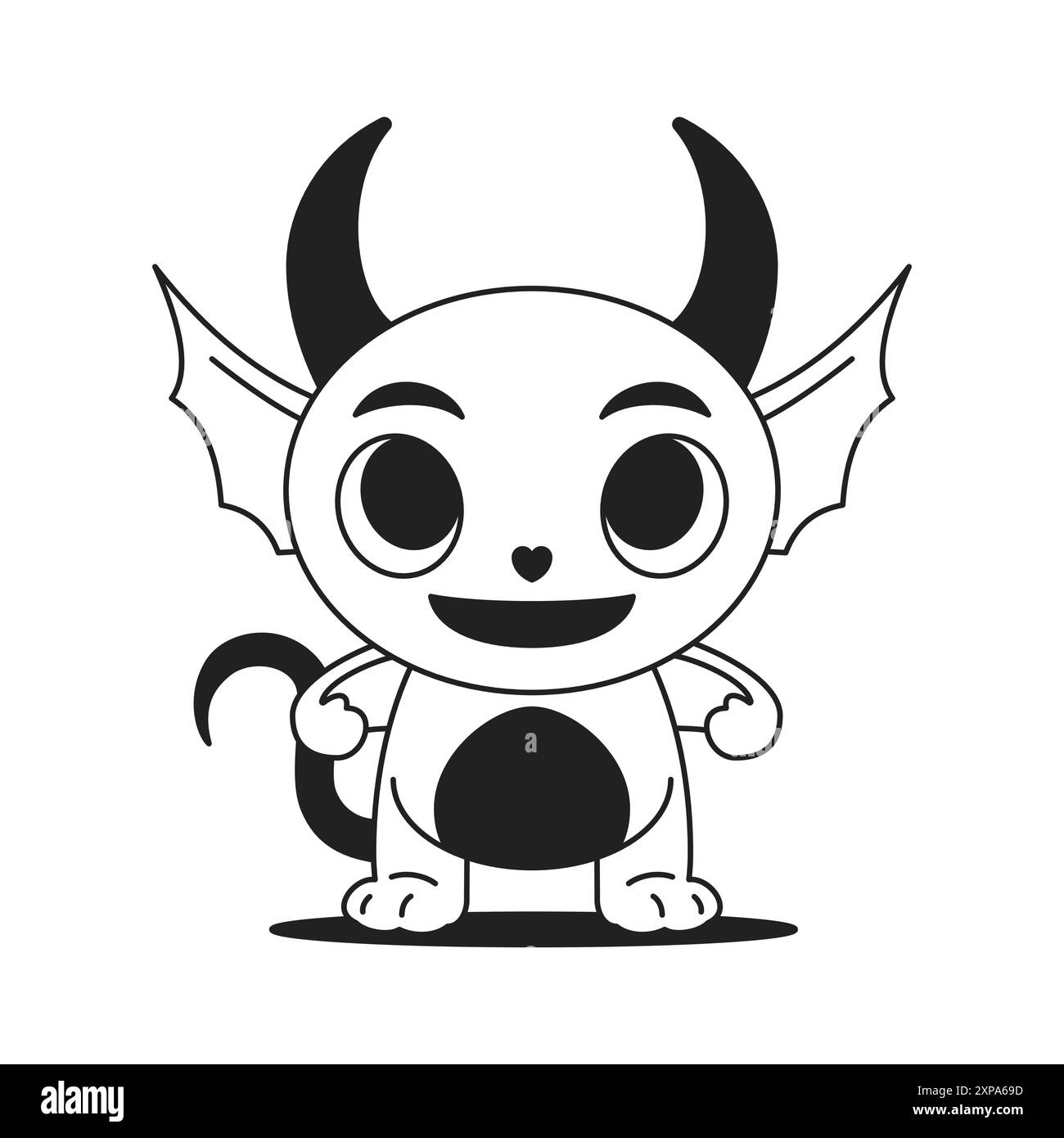 Y2K comico Little Devil Demon malvagio mascotte neo gothic contorno icona vettoriale immagine piatta. Simpatico mostro bambino divertente vampiro con corna e coda contemp Illustrazione Vettoriale