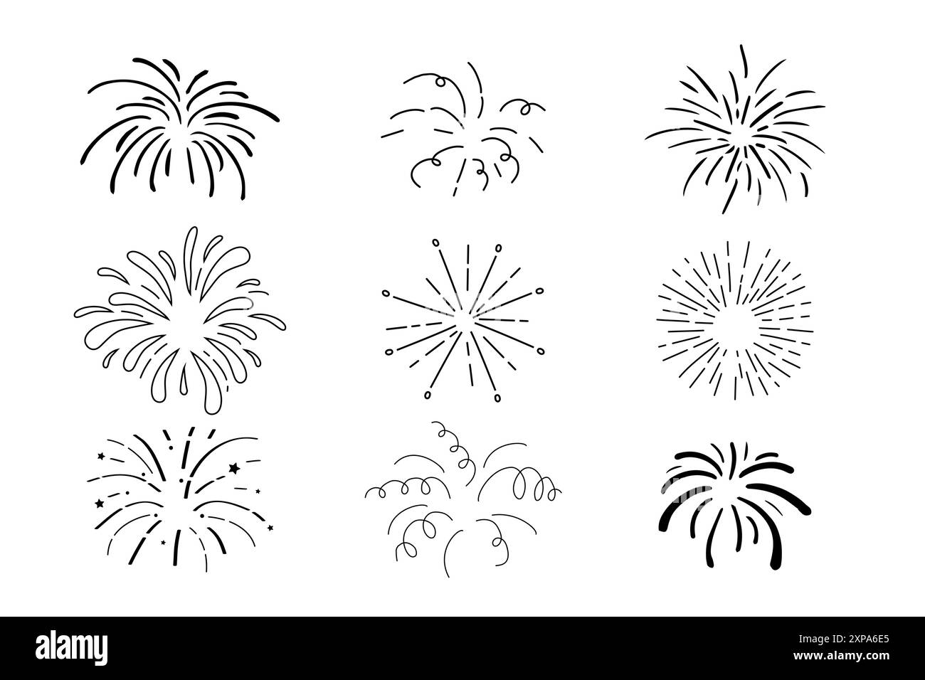 Fuochi d'artificio e razzo, saluta con esplosioni, luci ed esplosioni natalizie in stile doodle. Scintille disegnate a mano, firecracker su sfondo bianco. Festa, celebrazioni, evento. Illustrazione vettoriale Illustrazione Vettoriale