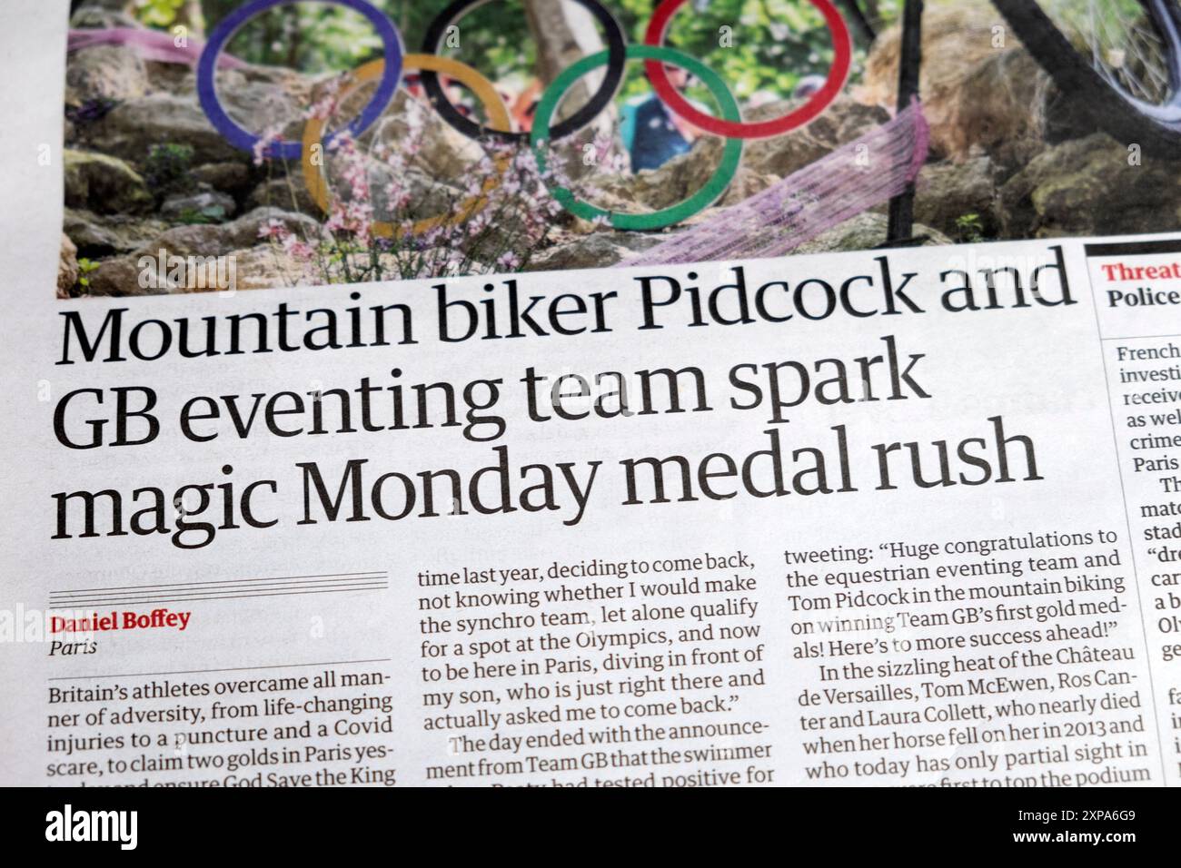"Mountain bike Pidcock e GB eventing team SPARK Magic Monday Medal Rush" testata del quotidiano Guardian 30 luglio 2024 Londra Regno Unito Foto Stock