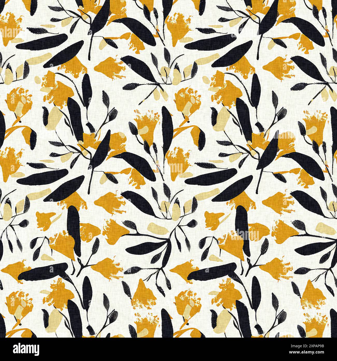 Moderno motivo blockprint in tessuto stampato con fiori selvatici e texture in lino. Motivi floreali boho scuri disegnati a mano stilizzati per elementi di design decorativi Foto Stock