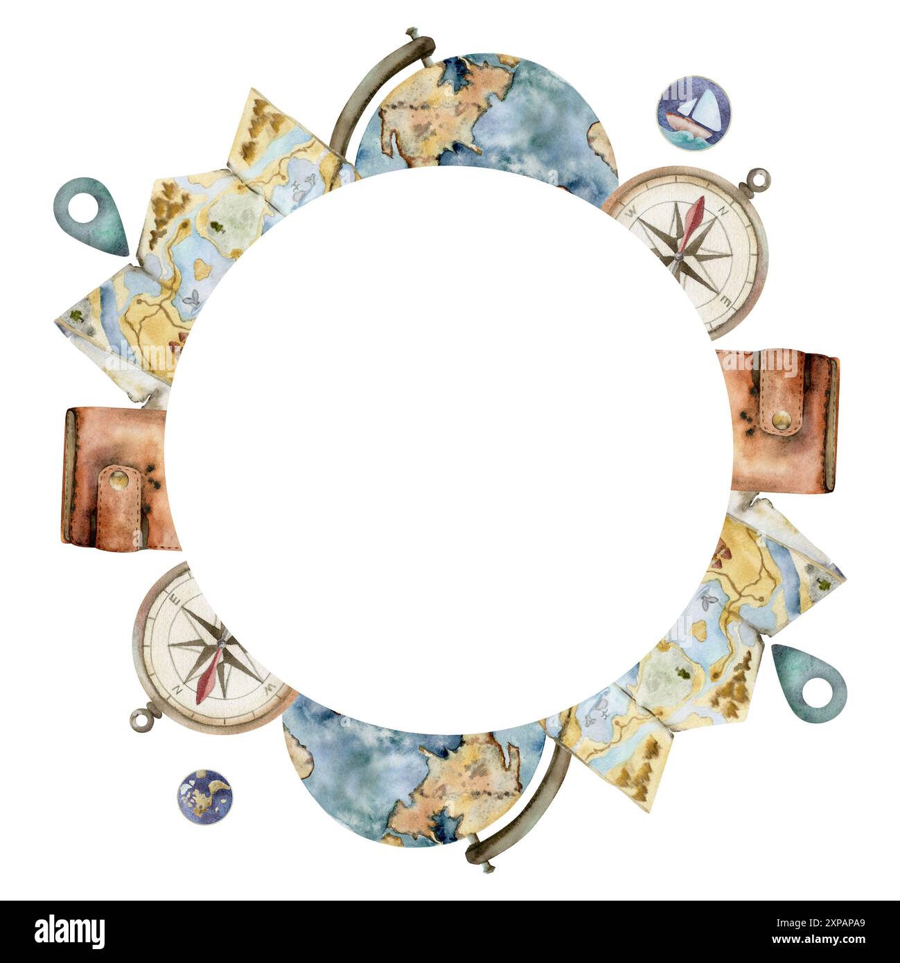 Accessori turistici, chiave valigia valigia, matraccio sottovuoto, macchina fotografica, mappamondo. Illustrazione disegnata a mano con acquerello. Telaio della corona tonda. Turismo Foto Stock