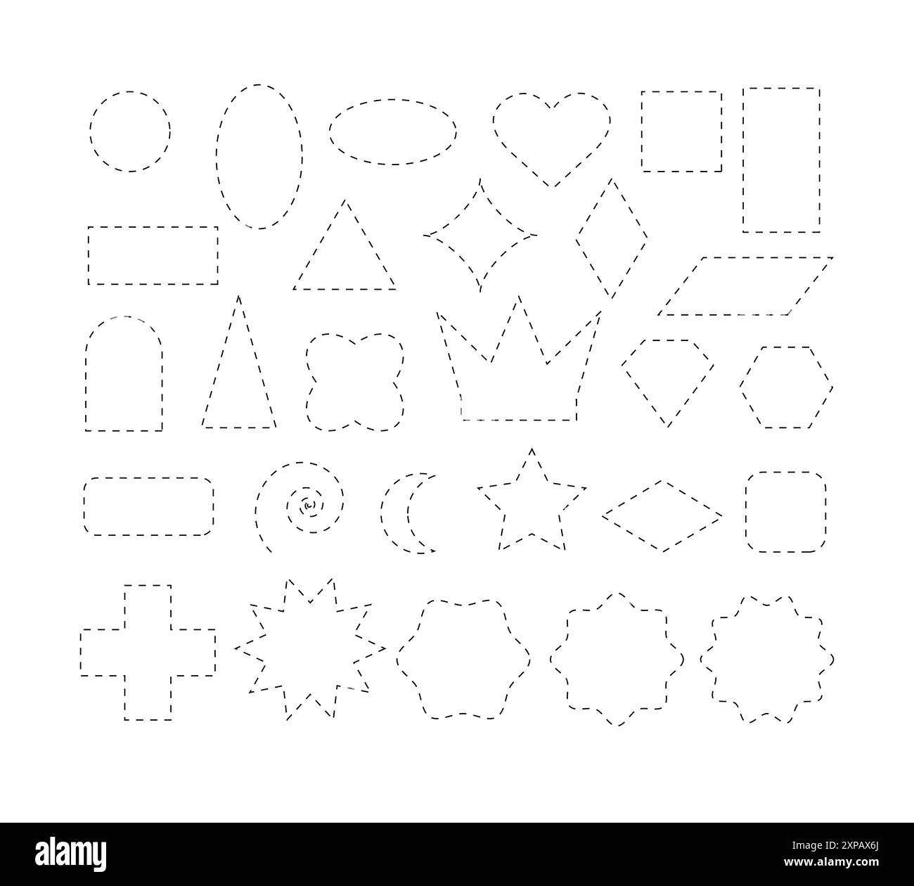Tagliare qui. Set di forme di taglio su sfondo bianco. Semplice illustrazione vettoriale. Taglierina tagliente o sconto lungo la linea. Diverso Illustrazione Vettoriale