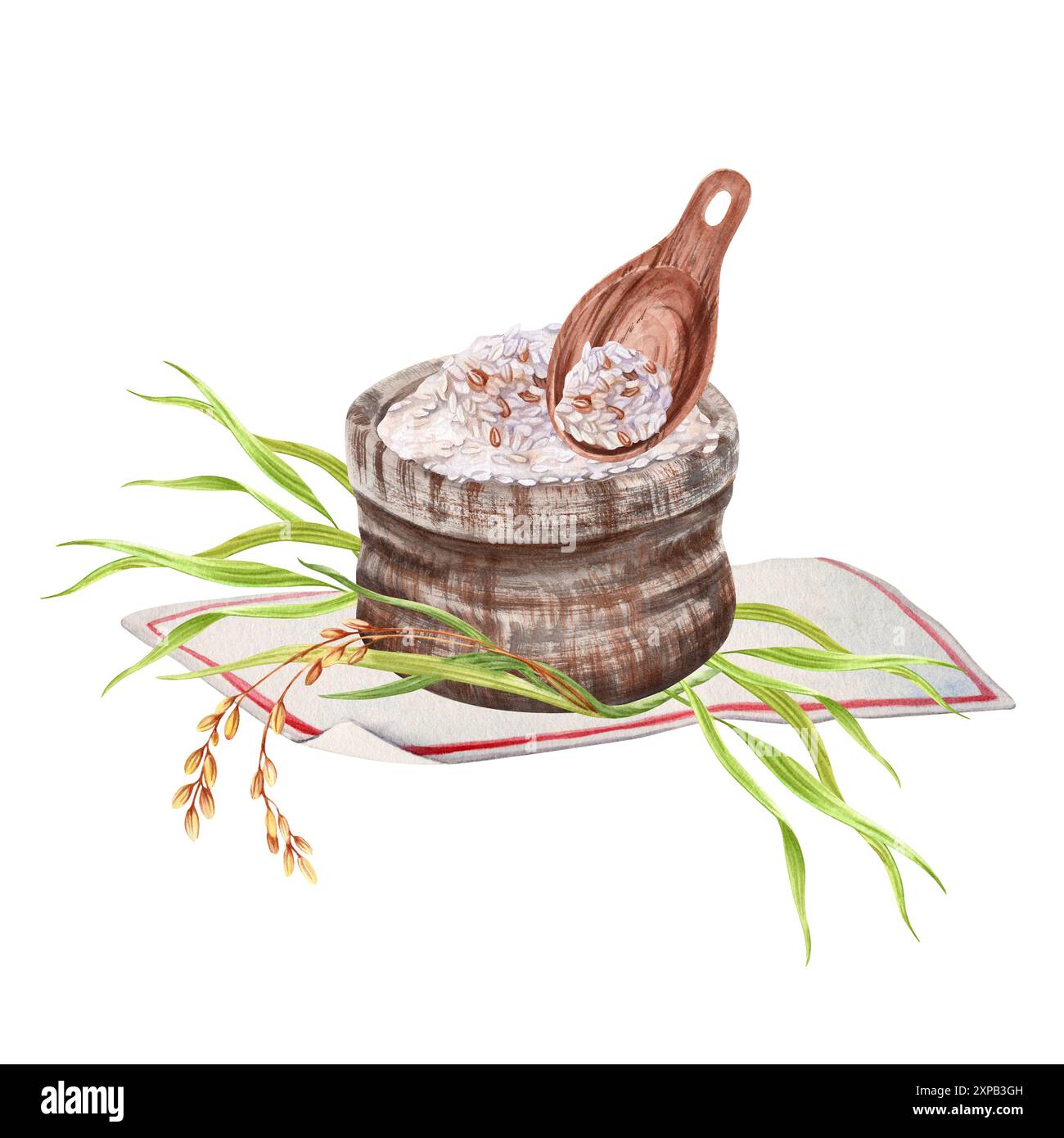 Riso in una borsa assiana con un cucchiaio di legno decorato con foglie del raccolto. Illustrazione ad acquerello disegnata a mano isolata dallo sfondo. Per Foto Stock