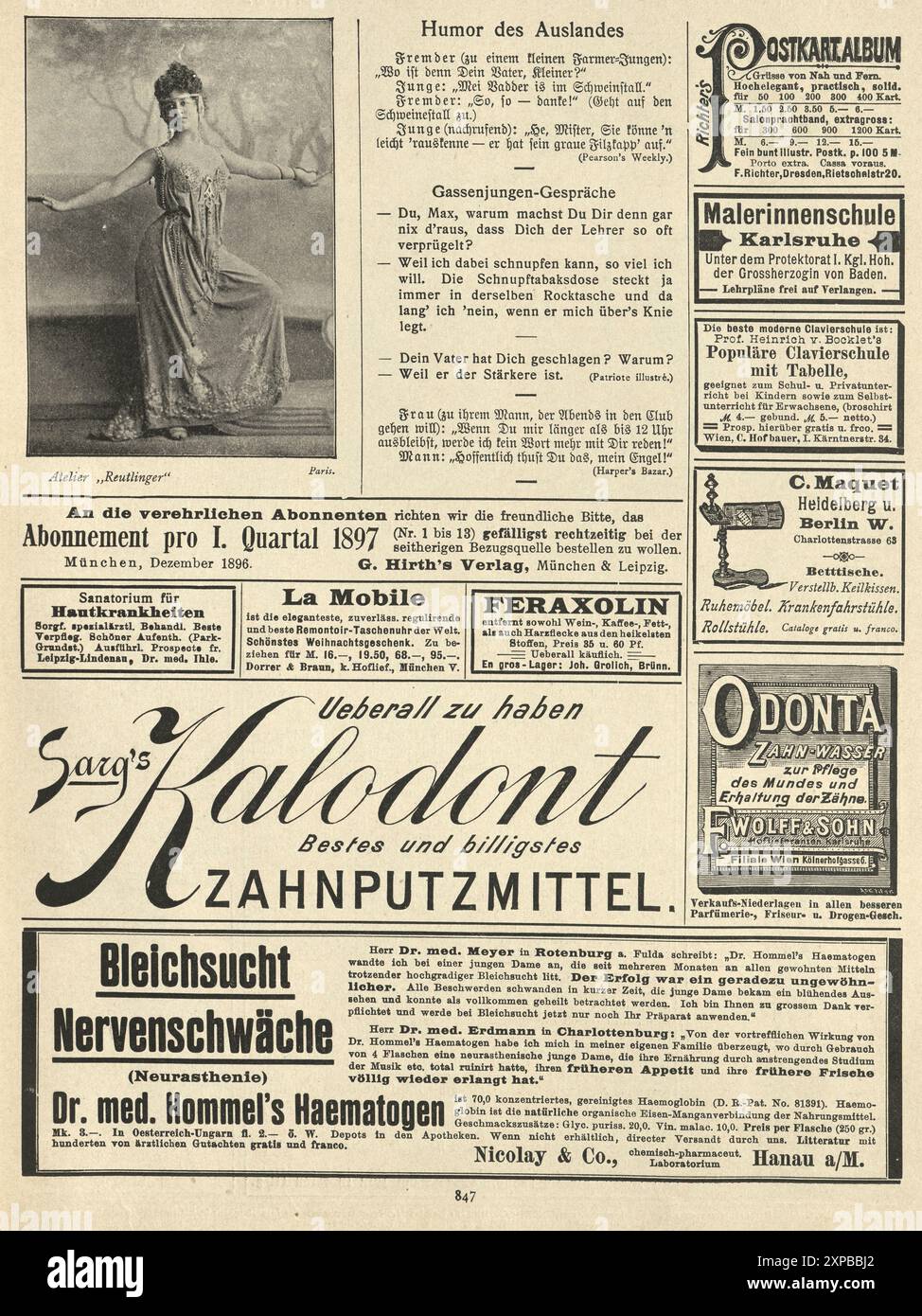 Ballerina, Danza, Performer, Showgirl, pagina di vecchie pubblicità di giornali tedeschi, anni '1890, XIX secolo, Jugend Foto Stock