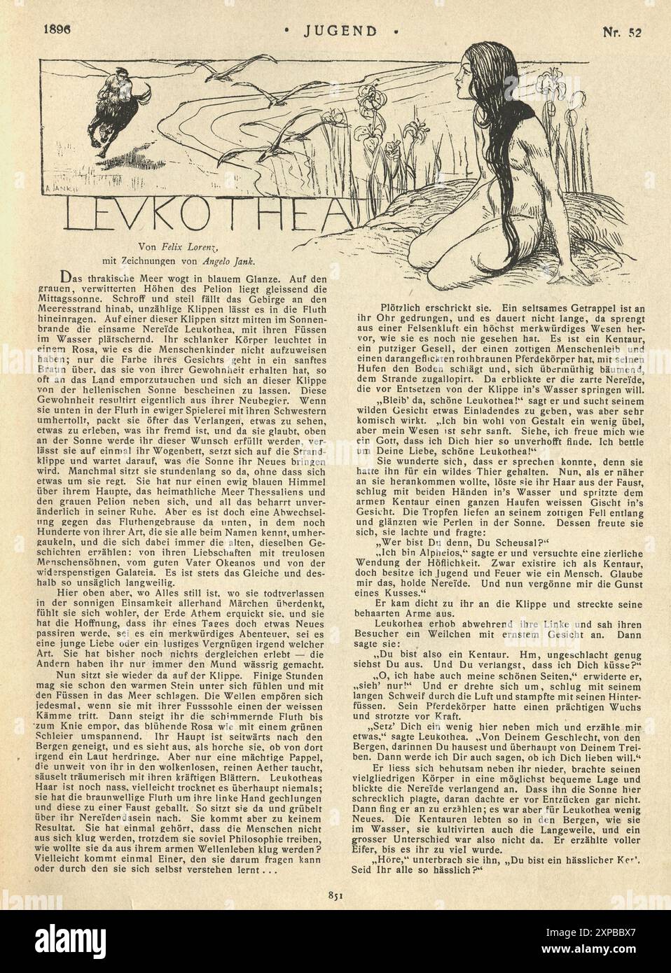 Mitologia, centauro galoppante verso una bella donna, illustrazione d'epoca, Art Nouveau, Jugendstil , tedesco, anni '1890, diciannovesimo secolo Foto Stock