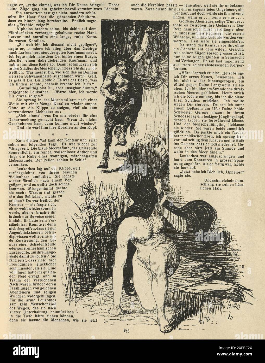 Mitologia, centauro galoppante verso una bella donna, illustrazione d'epoca, Art Nouveau, Jugendstil , tedesco, anni '1890, diciannovesimo secolo Foto Stock