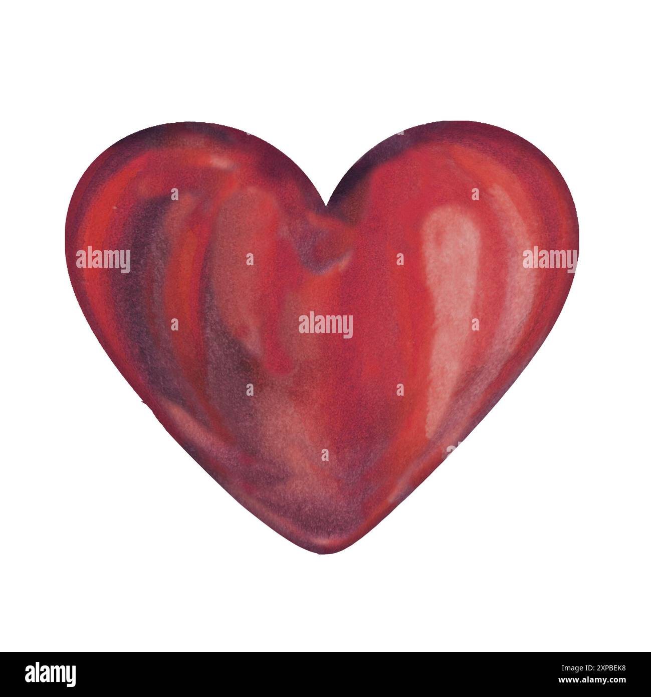 Cuore rosso acquerello. Pennello disegnato a mano che raffigura un cuore con trama metallica. Romantico segno d'amore decorativo isolato su sfondo bianco per stic Foto Stock