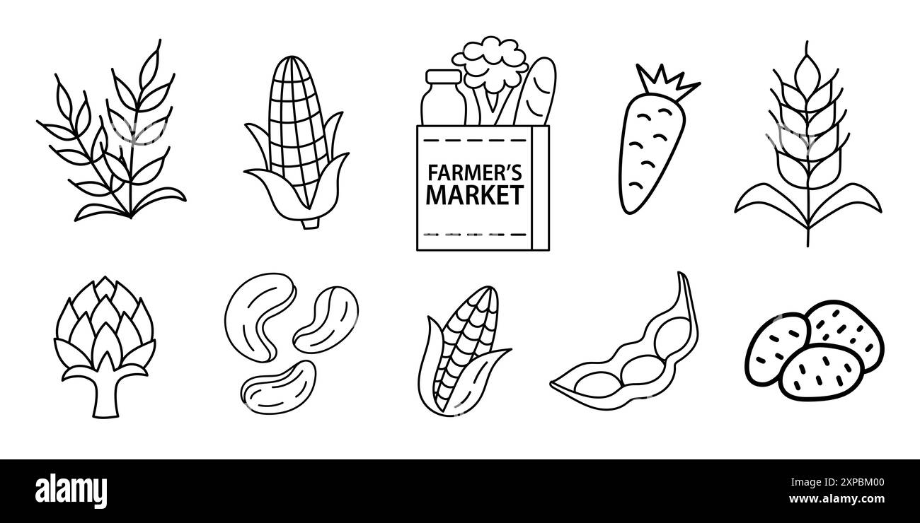 Le icone di Doodle per vettori di alimenti biologici impostano il mercato dei contadini Illustrazione Vettoriale