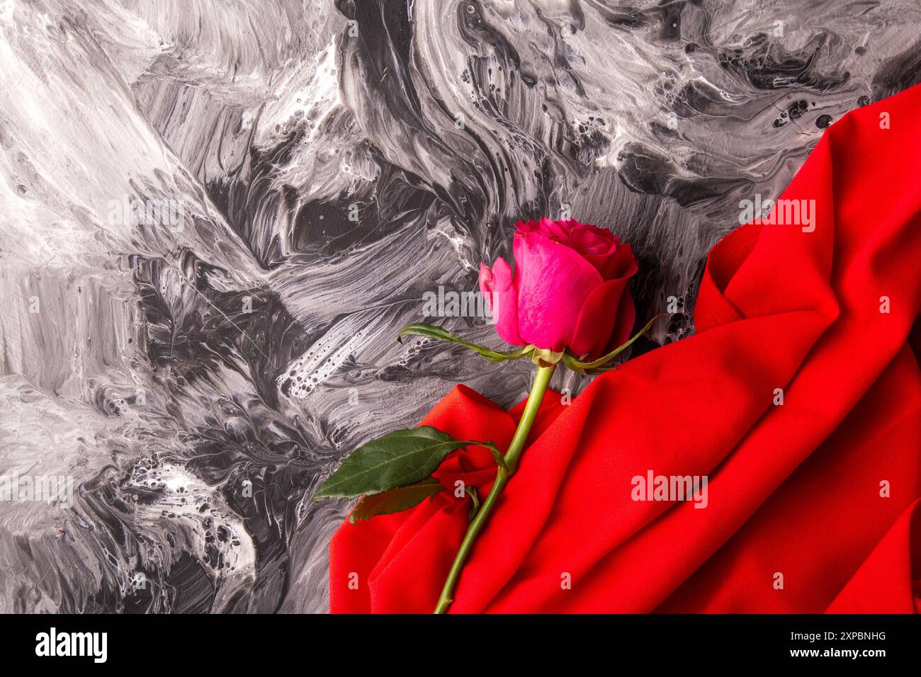 Rosa classica su uno sfondo vorticoso in scala di grigi con tessuto rosso. Copia spazio. Foto Stock