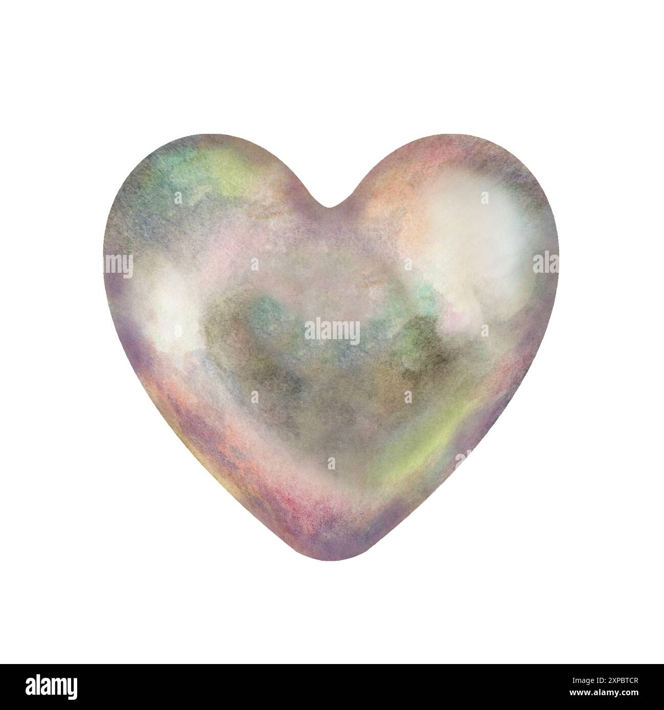Cuore di acquerello perla. Pennello disegnato a mano che raffigura un cuore con una texture iridescente. Romantico segno d'amore decorativo isolato su sfondo bianco f Foto Stock