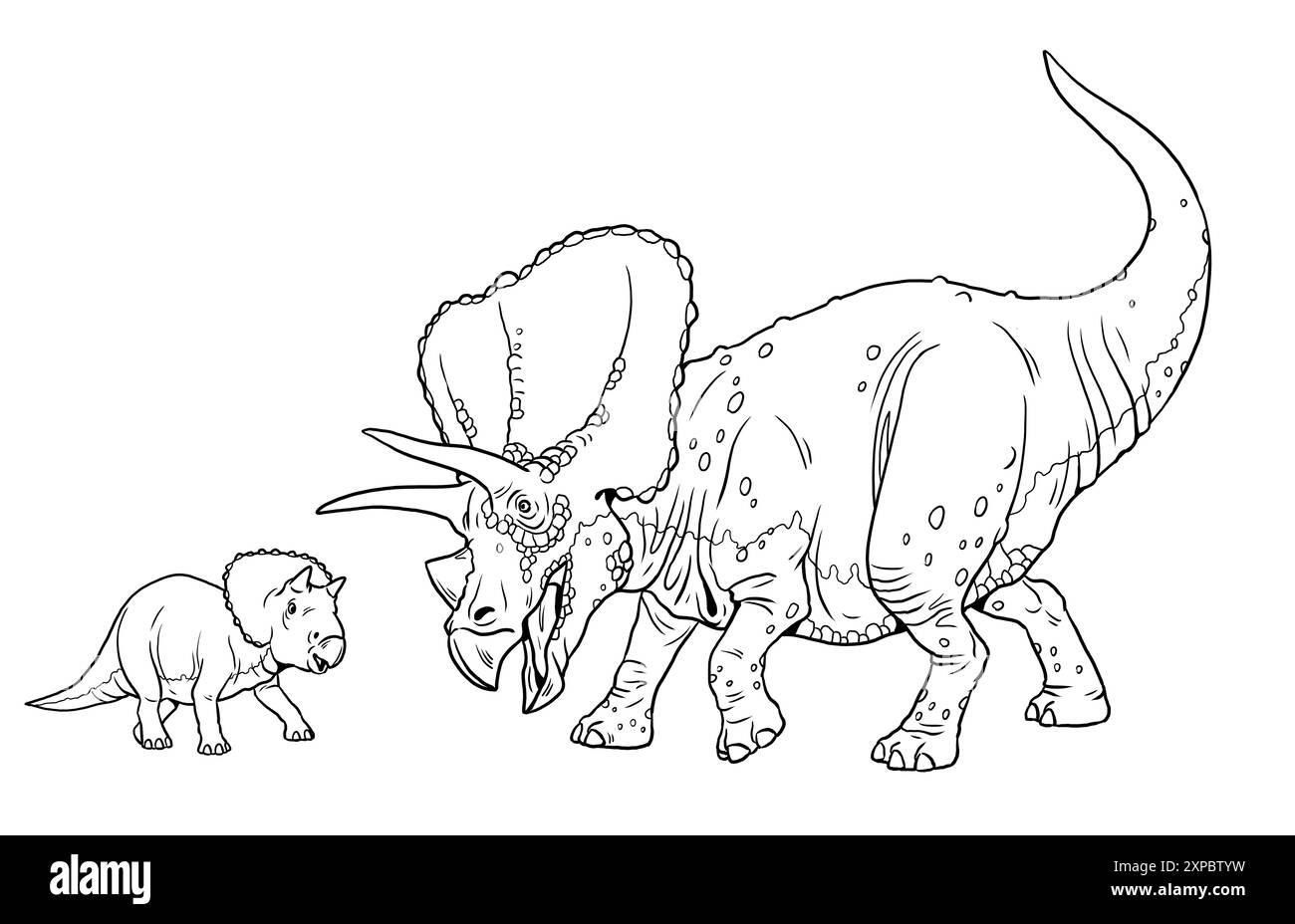 Torosaurus femmina con il bambino. Grandi dinosauri erbivori da colorare. Foto Stock