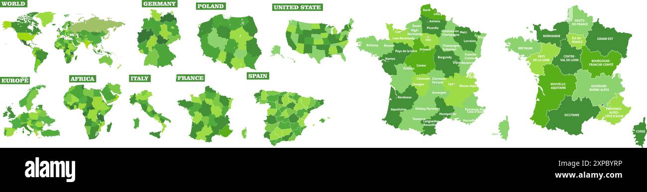 Francia e mappa del mondo. Polonia, Germania, Spagna, Stati Uniti, Italia. Illustrazione vettoriale. Illustrazione Vettoriale