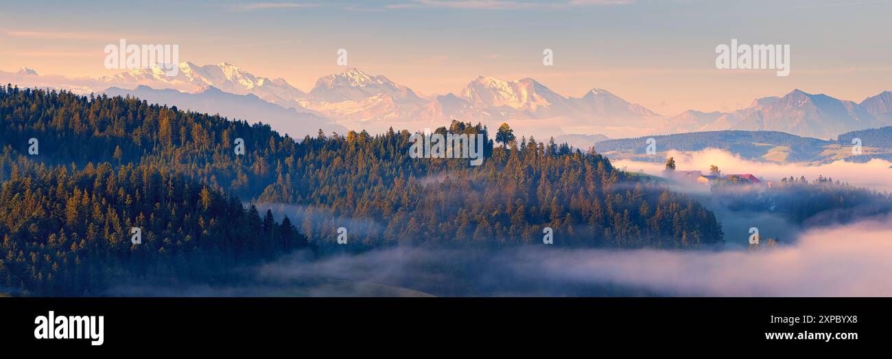Un'ampia immagine panoramica 3:1 di una mattina d'estate nebbiosa all'alba nell'Emmental, una valle della Svizzera centrale, nel cantone di Berna, con una vi Foto Stock