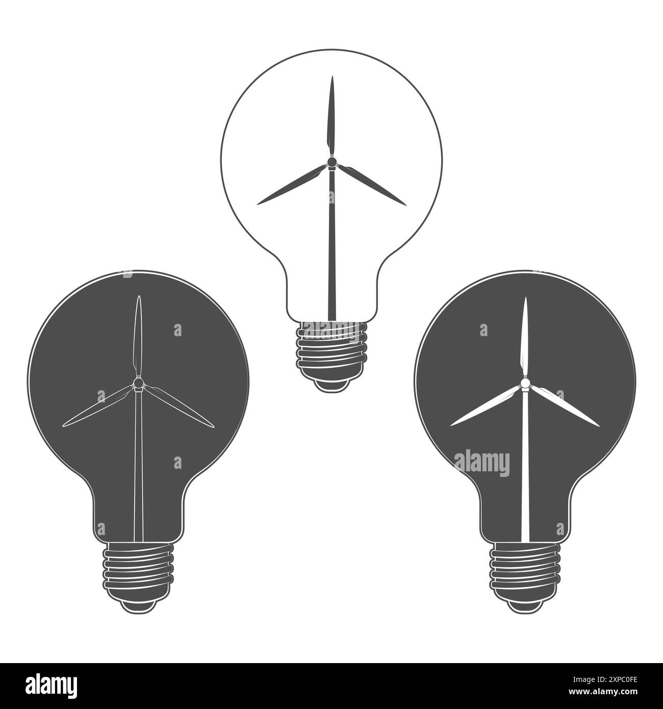 Set di illustrazioni in bianco e nero lampadina con turbina eolica, mulino a vento. Oggetti vettoriali isolati su sfondo bianco. Illustrazione Vettoriale