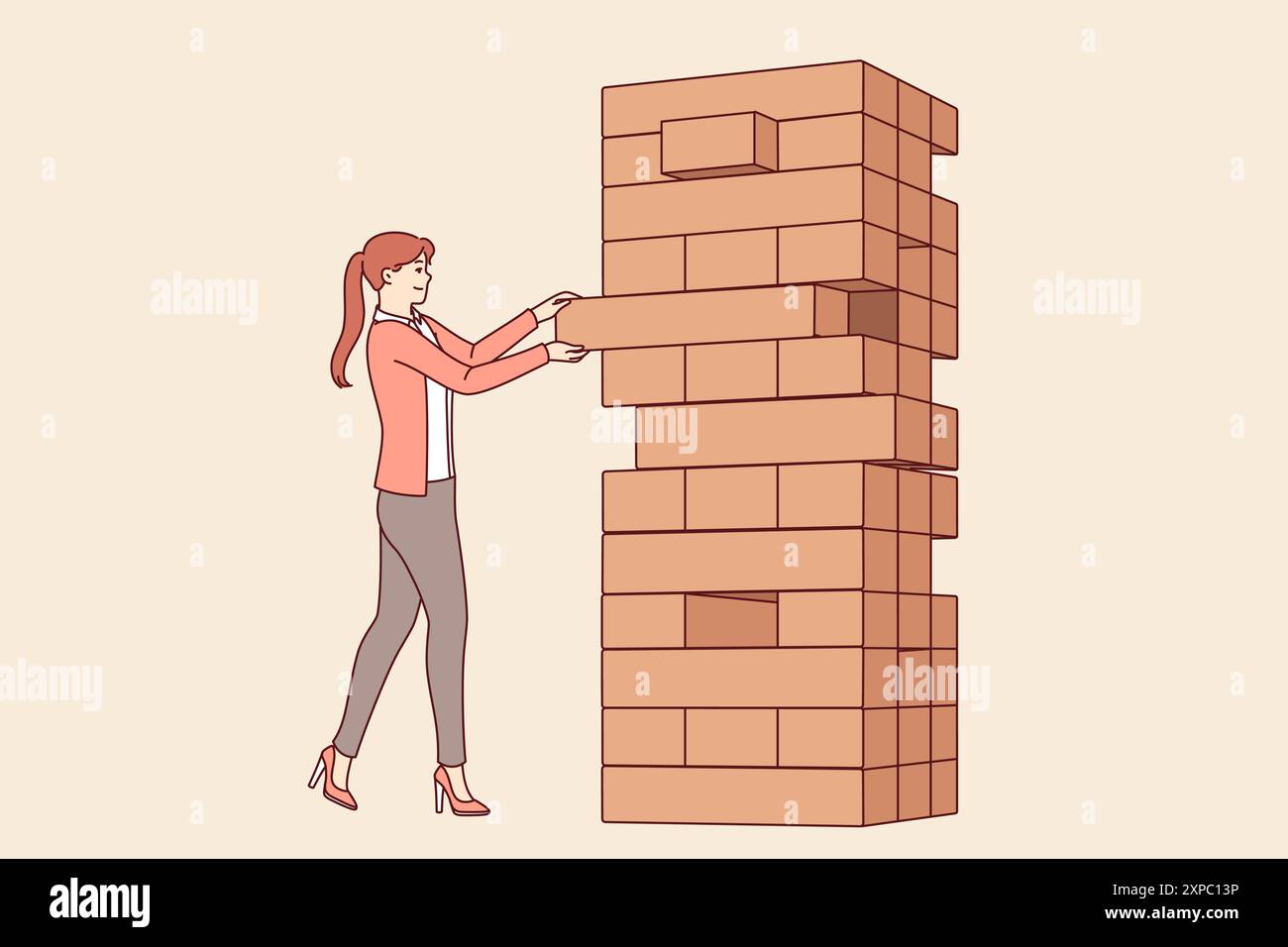 Woman gioca a jenga, tirando blocchi dalla torre gigante, per sviluppare abilità di equilibrio e equilibrio che consentono di avere successo. Gioco Jenga per divertirsi e divertirsi con gli amici o da soli Illustrazione Vettoriale