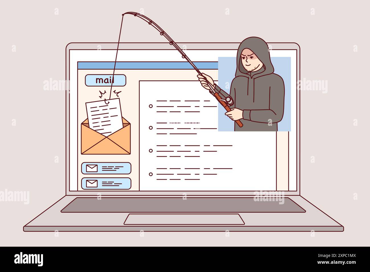 Gli hacker utilizzano il phishing per hackerare le e-mail via Internet sul laptop e rubare e-mail riservate. Gli hacker violano la legge rubando la corrispondenza per ricatti o ottenendo informazioni privilegiate. Illustrazione Vettoriale