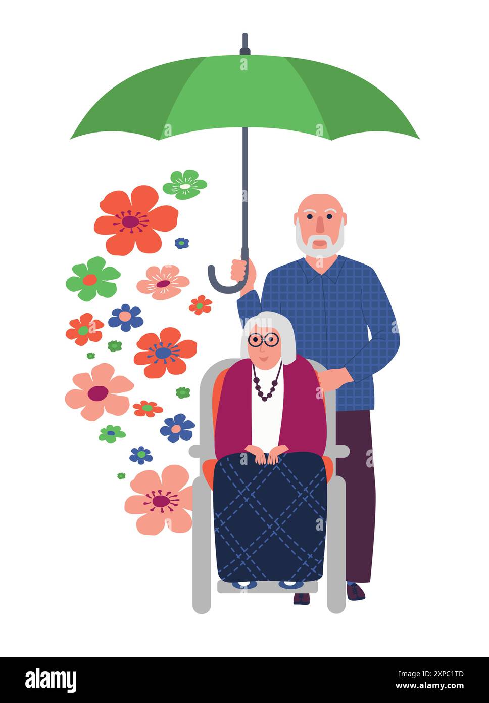 Coppia anziana. Felice famiglia, vecchi coniugi. I personaggi dei nonni. Donna con fiori in amore con l'illustrazione del vettore del marito Illustrazione Vettoriale