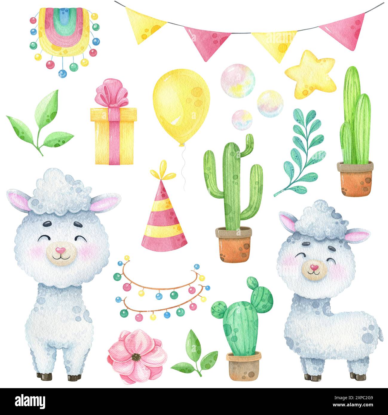 Clip art a lama acquerello Happy isolata su bianco Foto Stock