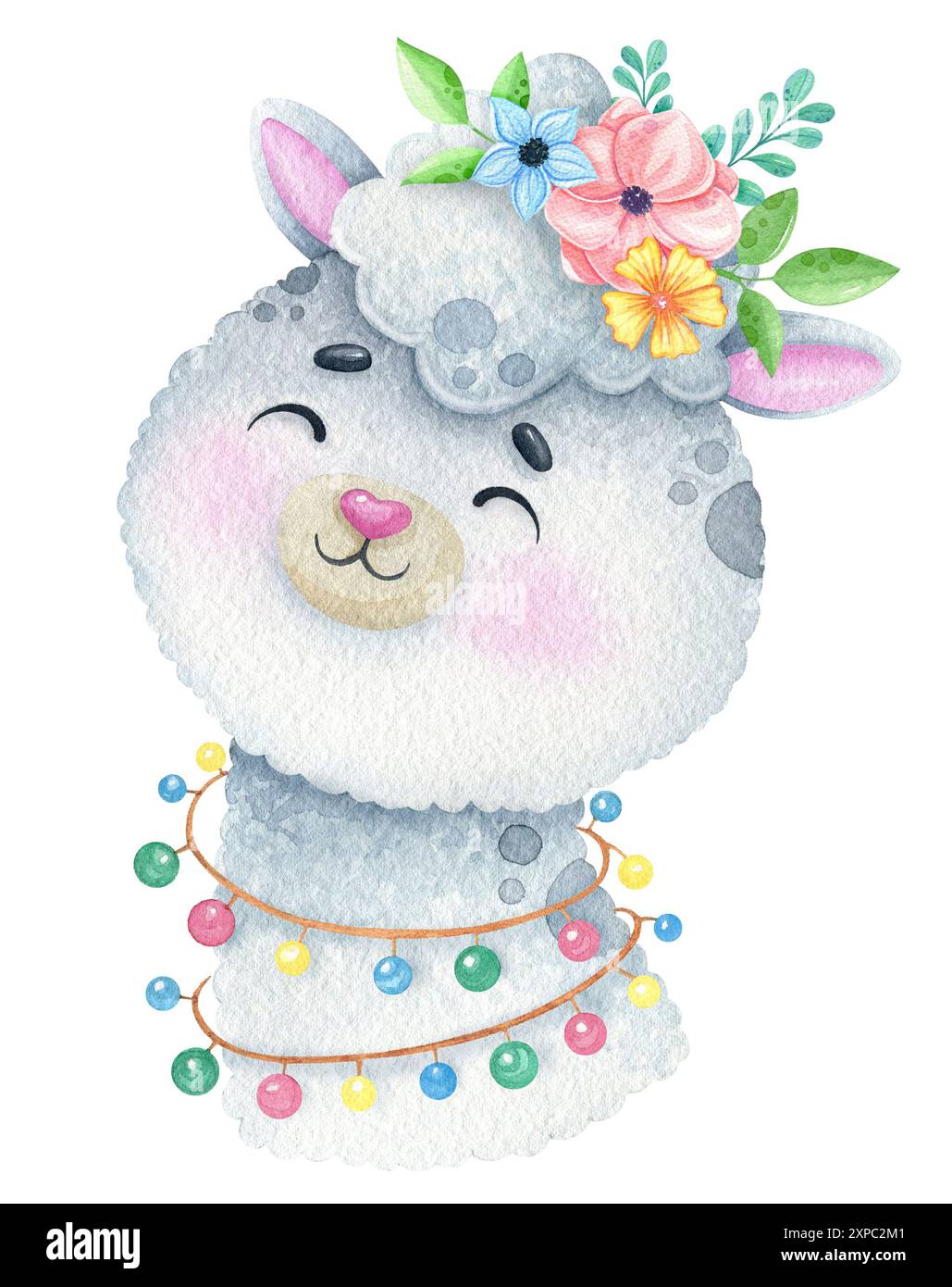Alpaca di lama dolce ad acquerello con una corona di fiori. Illustrazione decorativa per la stampa Foto Stock