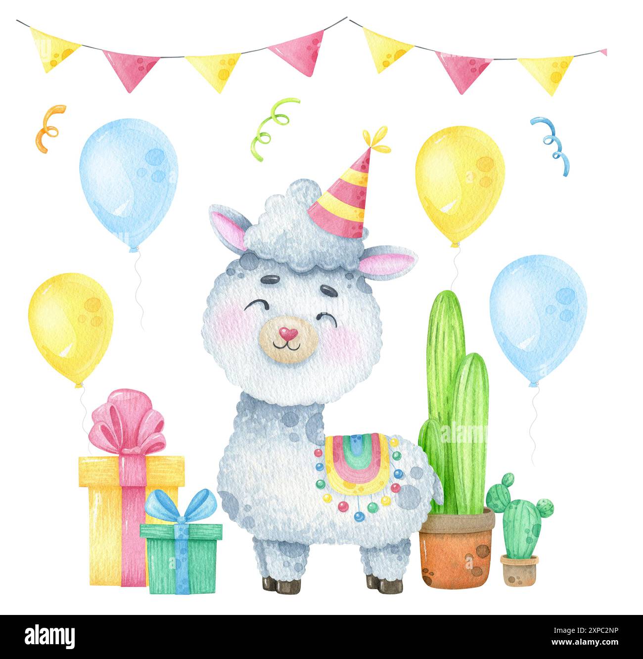 Acquerello carino lama alpaca. Festa a tema con invito a cartolina. Foto Stock