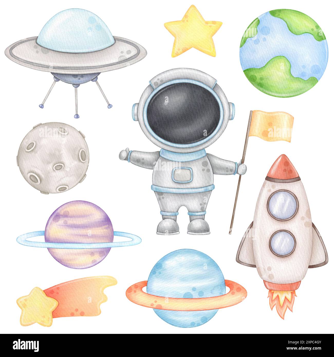 Graziose clip art spaziali ad acquerello Foto Stock