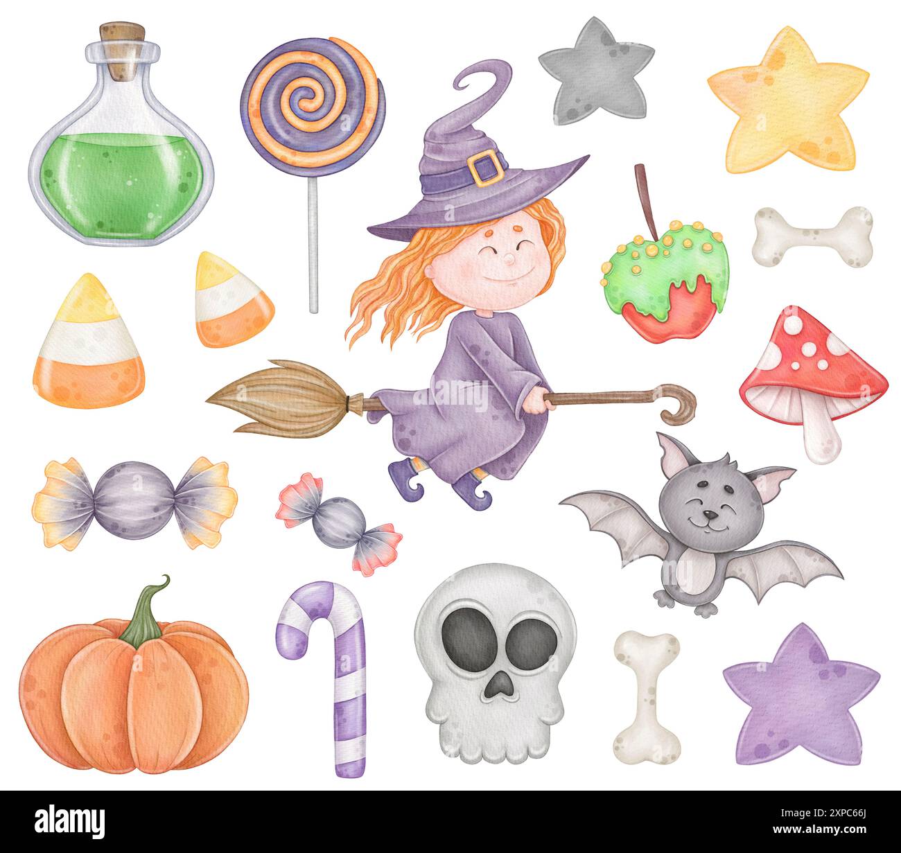 strega, bottiglia velenosa, spavento, elementi, scheda, kit, illustrazione di halloween, adesivo, stampa, clip art acquerello, carattere, bambini, digitale, bambini, rosso Foto Stock