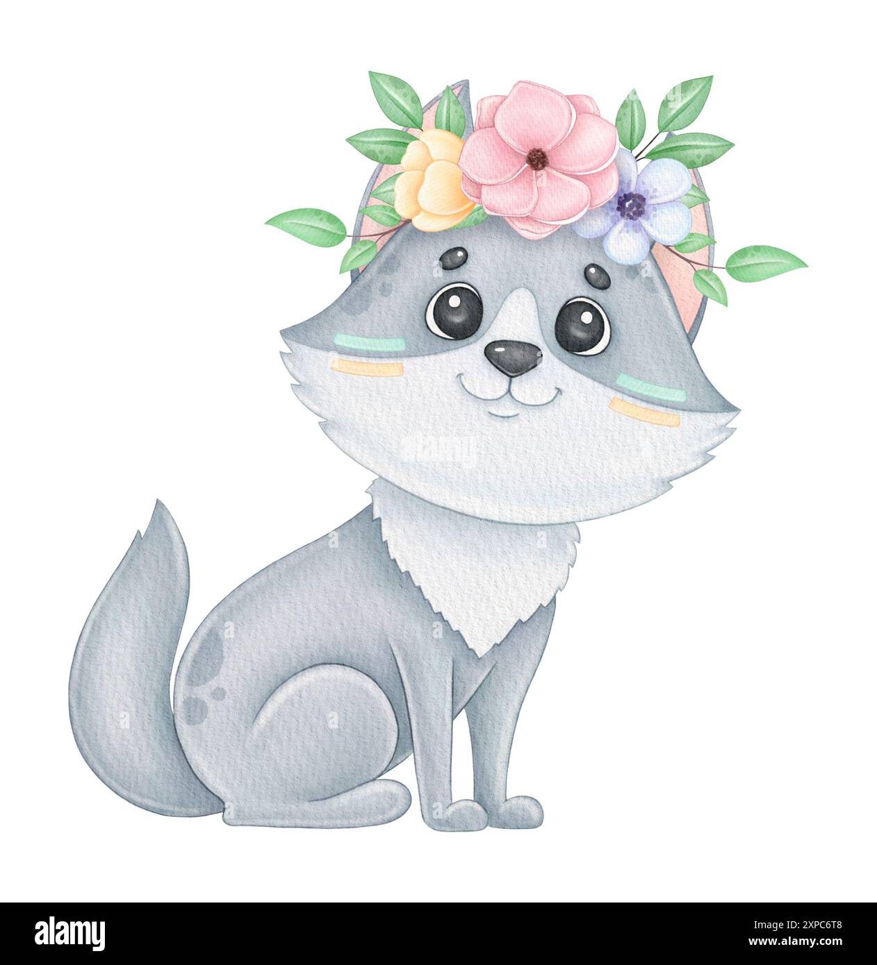 Grazioso lupo tribale boho acquerello con ghirlanda di fiori, stampa per bambini Foto Stock