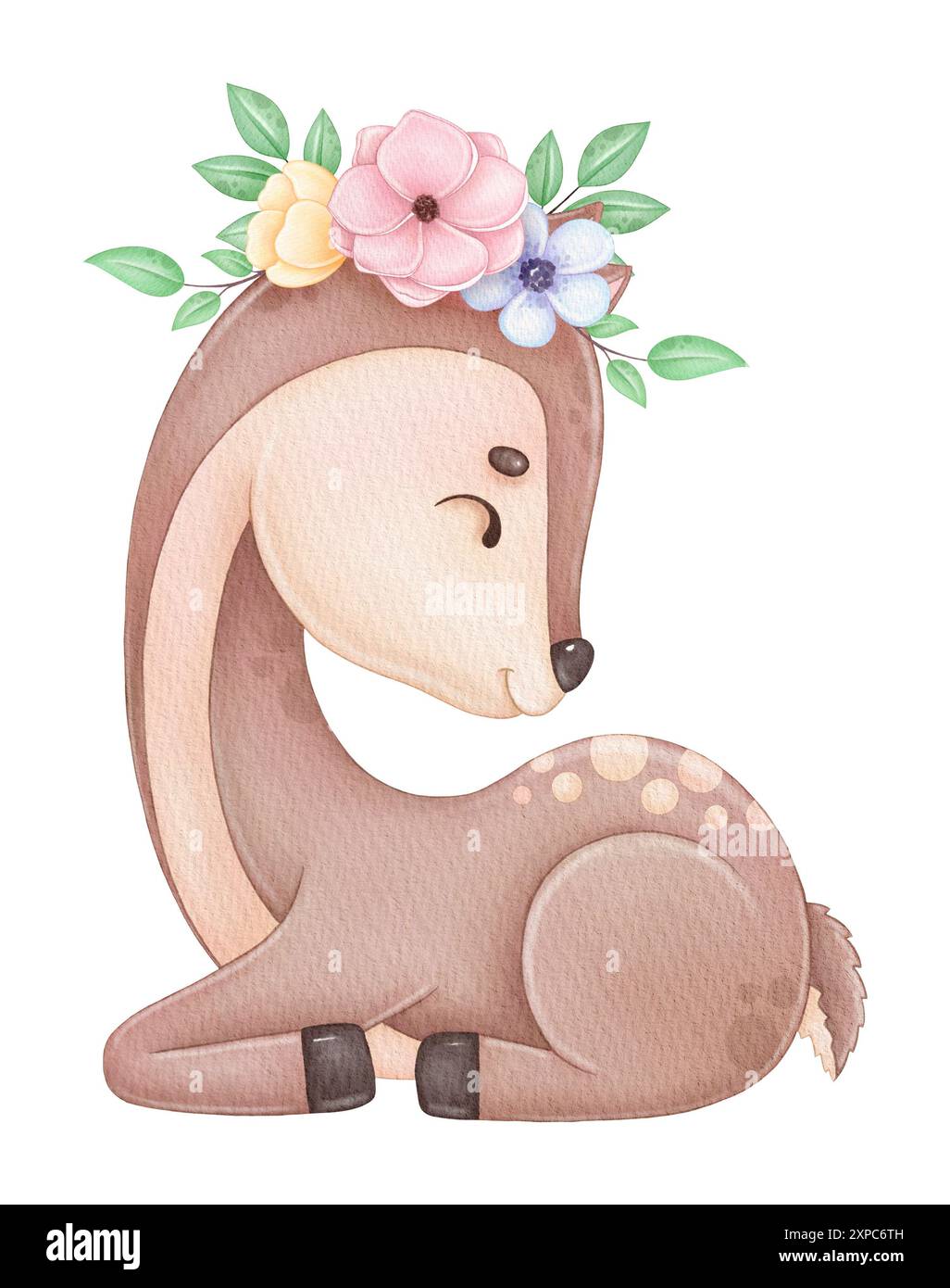 Grazioso cervo tribale boho acquerello con corona di fiori, stampa per bambini Foto Stock