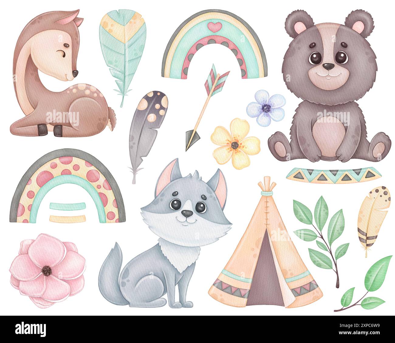 Animali della foresta, acquerello boho, orso, cervo, lupo. Clip art tribali Foto Stock