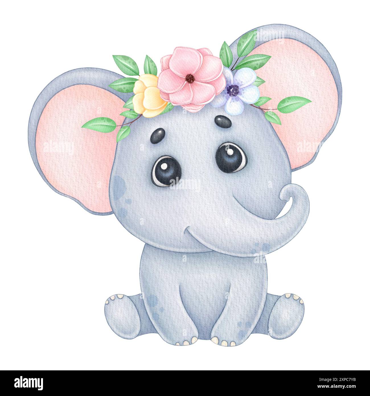 grazioso elefante acquerello con una corona floreale isolava uno sfondo bianco Foto Stock