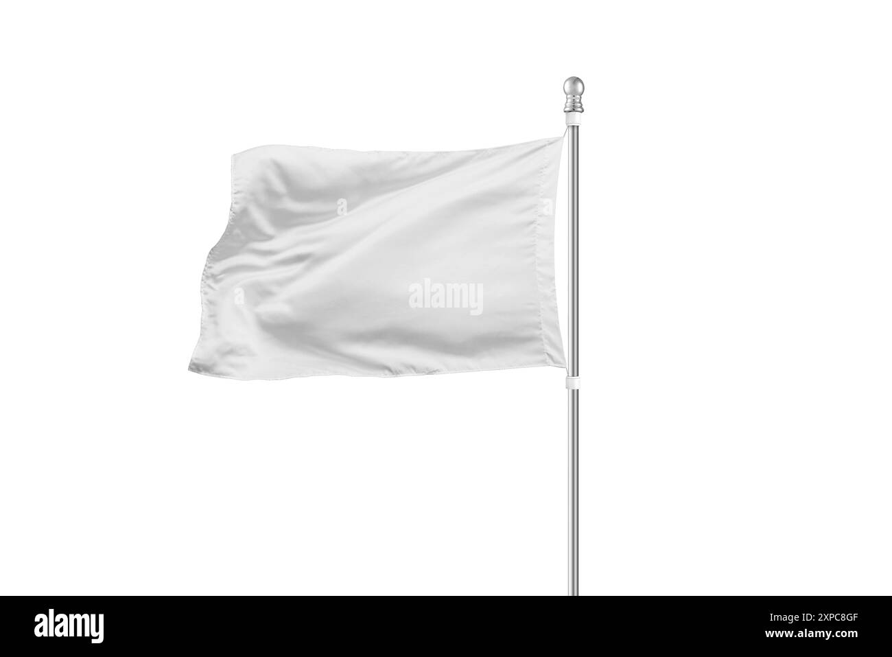 Bandiera bianca isolata su un palo, ideale per scopi di mockup. Perfetto per mostrare disegni, loghi o branding con una presentazione pulita e versatile Foto Stock