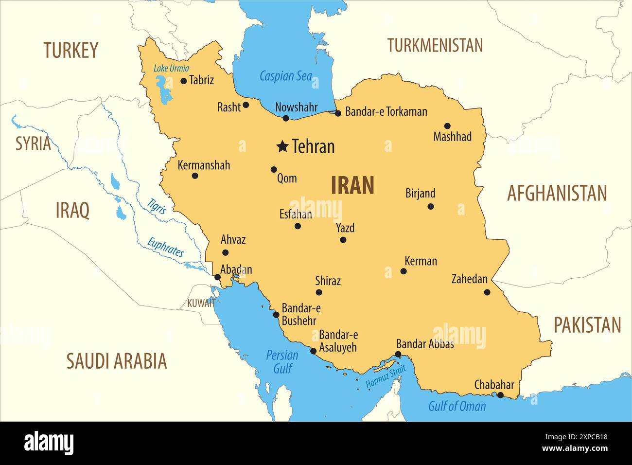 Mappa vettoriale della Repubblica islamica dell'Iran con le principali città e i paesi vicini Foto Stock