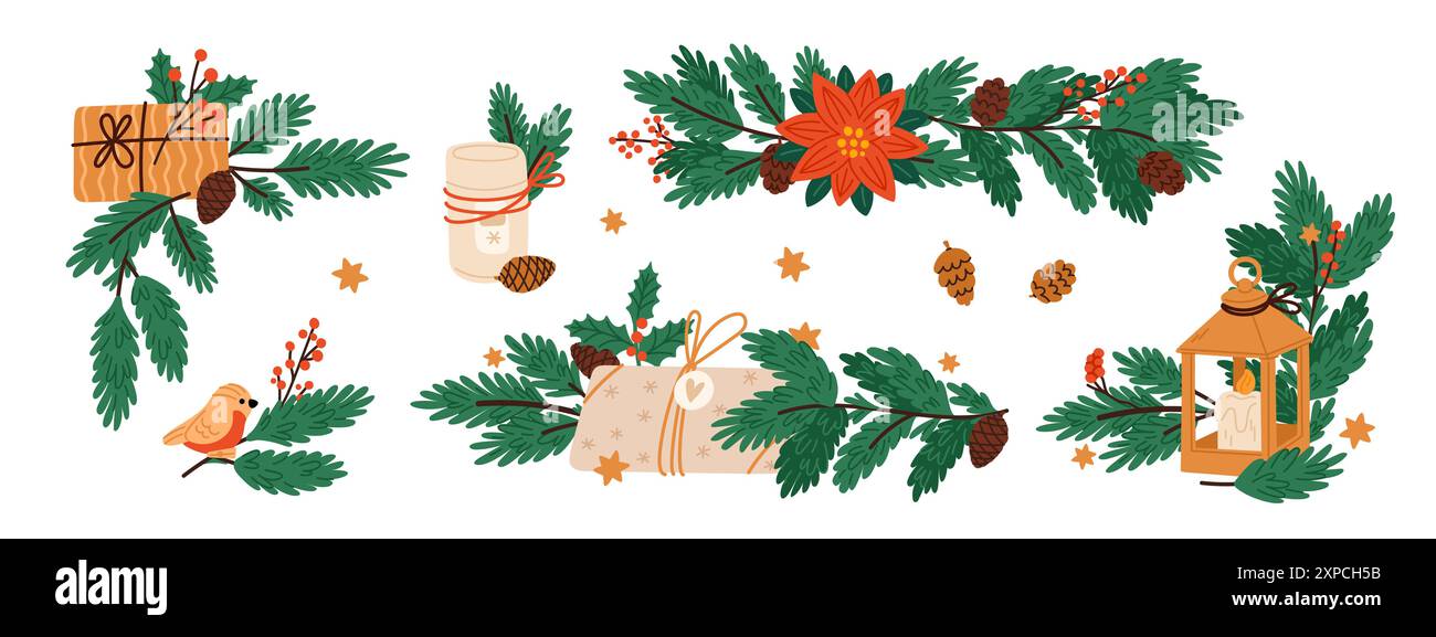 Rami di pino. Ghirlande natalizie. Composizioni di rametti di abete e accessori per feste. Decorazioni natalizie. Piante Evergreen. Candele di Capodanno Illustrazione Vettoriale