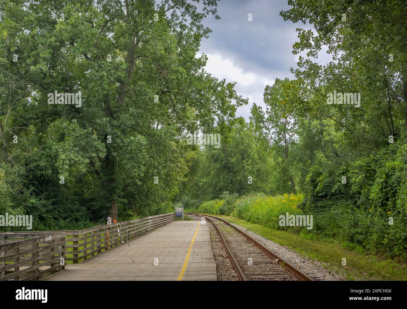 La stazione ferroviaria per la ferrovia panoramica della Cuyahoga Valley nel parco nazionale dell'Ohio, un bellissimo punto di riferimento storico nelle foreste americane. Foto Stock