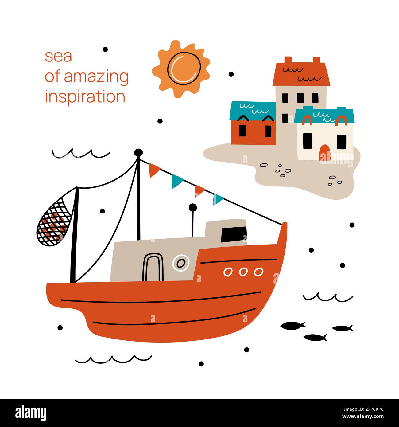 Cartoni animati SEA LIFE Card. Viaggi nell'oceano. Elementi della città del residence. Paesaggio marino. Pescherecci da traino. Case sul mare. Nave sulle onde d'acqua. Vacanze estive Illustrazione Vettoriale