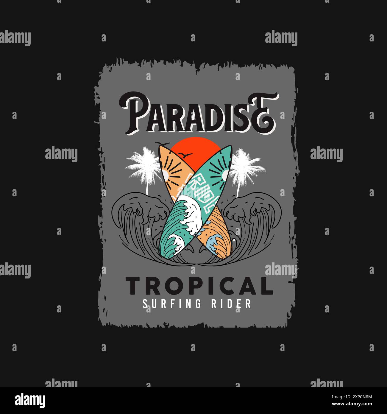Paradise Tropical Surfing Rider, stile vintage estivo da spiaggia grunge Illustrazione Vettoriale