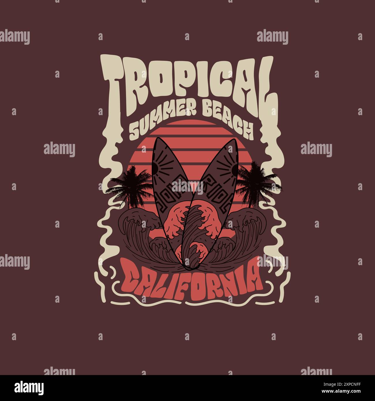 Retro Tropical Summer Beach california Typography surf board poster design Illustrazione Vettoriale