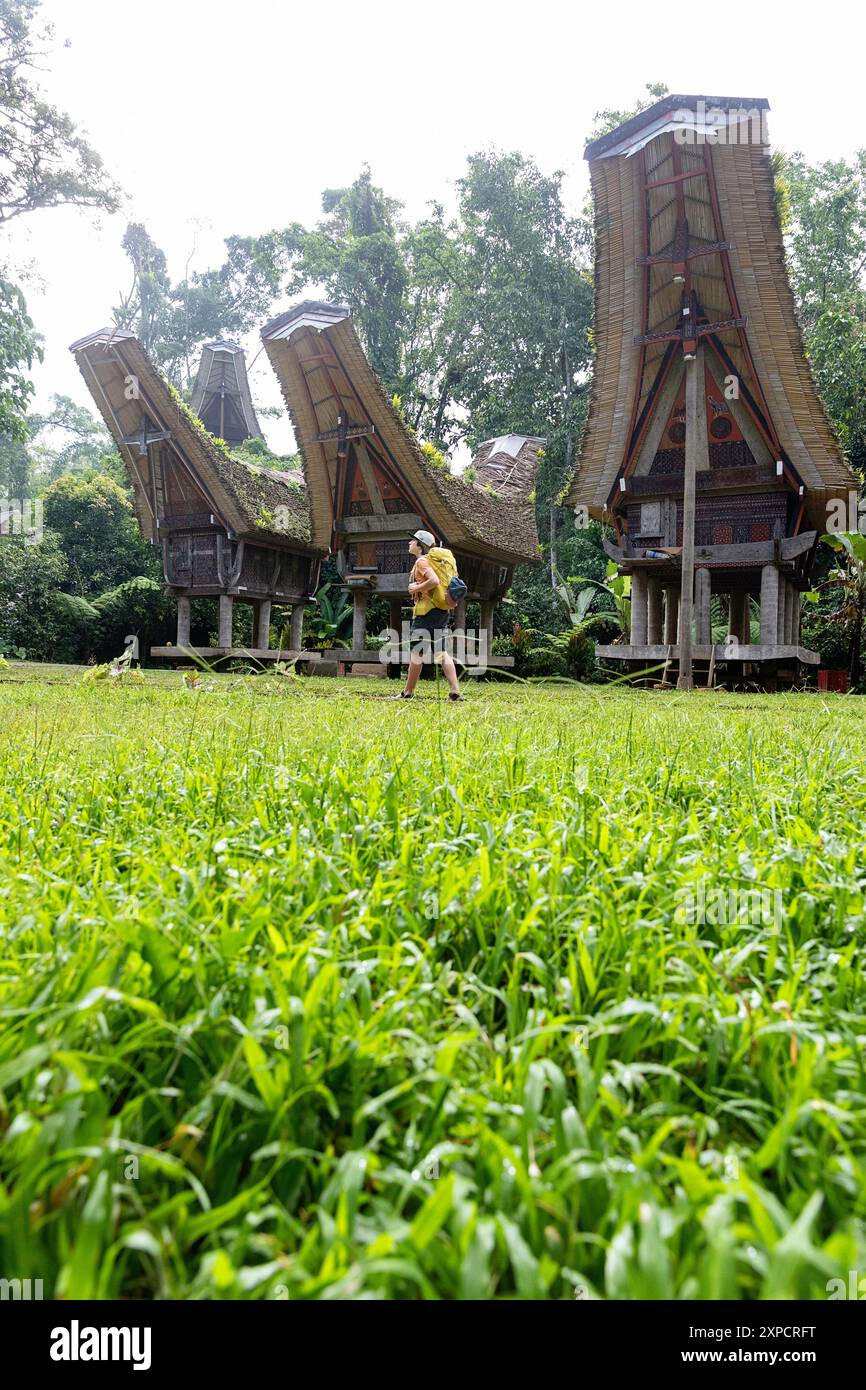 I bambini turisti in gita con la famiglia esplorano l'architettura tradizionale di Tana Toraja, le case di legno e i granai a Buntupune, Sulawesi, Indonesia Foto Stock