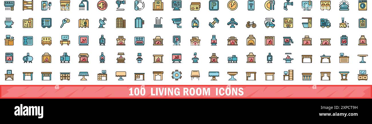 set di 100 icone del salotto. Linea di colori con icone vettoriali per il soggiorno linea sottile di colore piatto su bianco Illustrazione Vettoriale