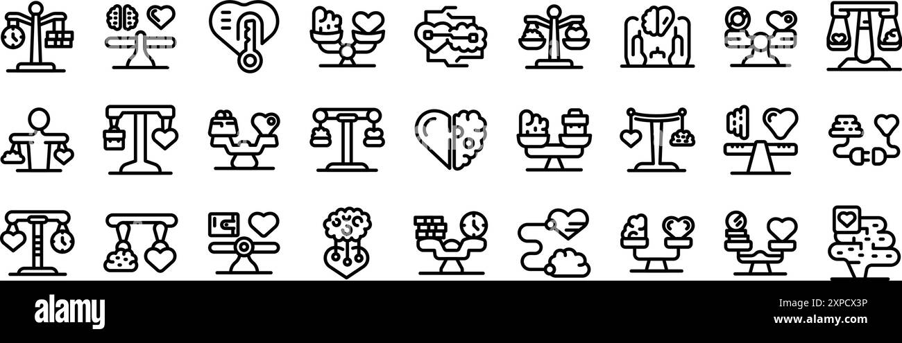 Set icone bilanciamento cuore cervello. Set di icone per il concetto di equilibrio della vita lavorativa. Contorno delle icone vettoriali del bilanciamento della vita lavorativa per la progettazione Web isolate su sfondo bianco Illustrazione Vettoriale