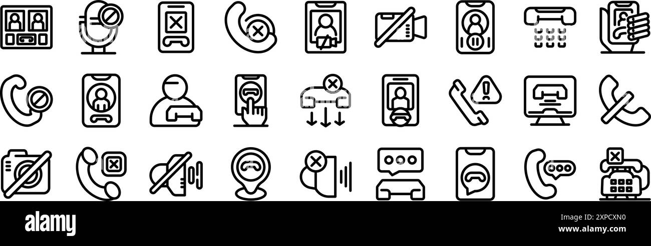 Set di icone di fine chiamata. Icone di linea che rappresentano diversi modi in cui le persone bloccano chiamate e messaggi indesiderati utilizzando smartphone e social media Illustrazione Vettoriale